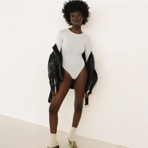 ZARA Long Sleeve Modal Crewneck Light Gray Mark Heathered Bodysuit Top - Picture 7 of 7